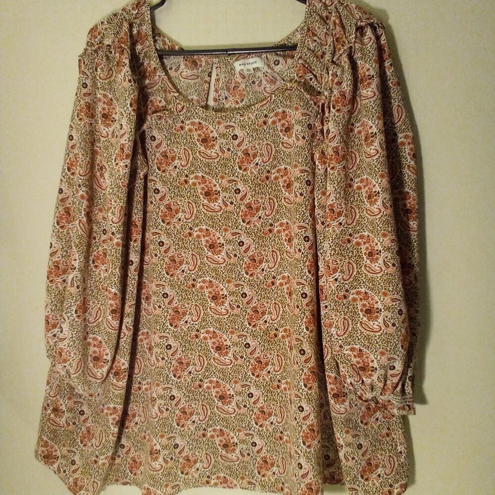 Max Studio Blouse Women 3X 3/4 Sleeve Paisley Pattern Ruffle Sleeve Pink Brown